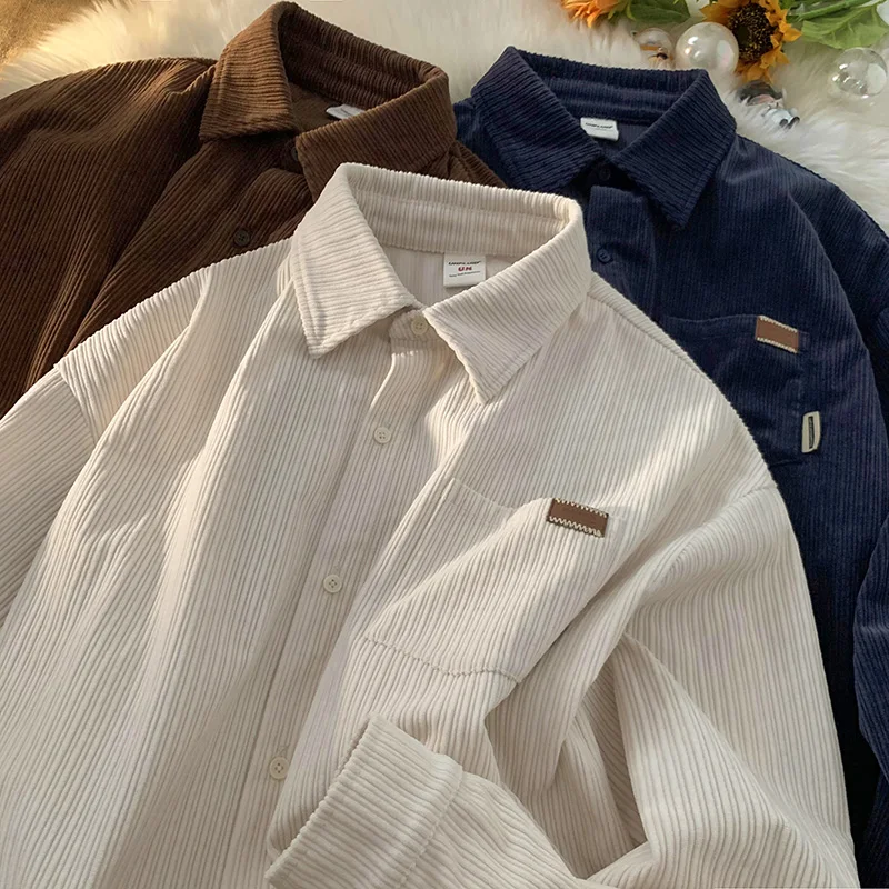 

Рубашка-поло мужская Вельветовая с длинным рукавом, модная винтажная Повседневная Свободная рубашка в стиле Харадзюку, Топ цвета хаки, весна-осень