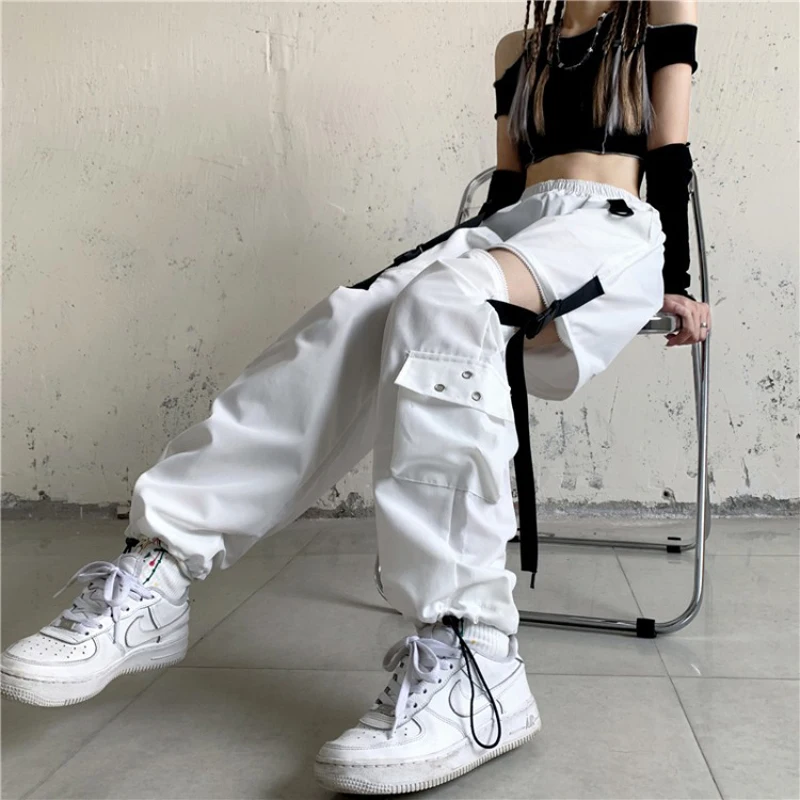 

2021 Gothic Techwear White Cargo Pants Women Punk Streetwear Hollow Out Pockets Autumn Wide Leg Trousers Female Korean Fashion