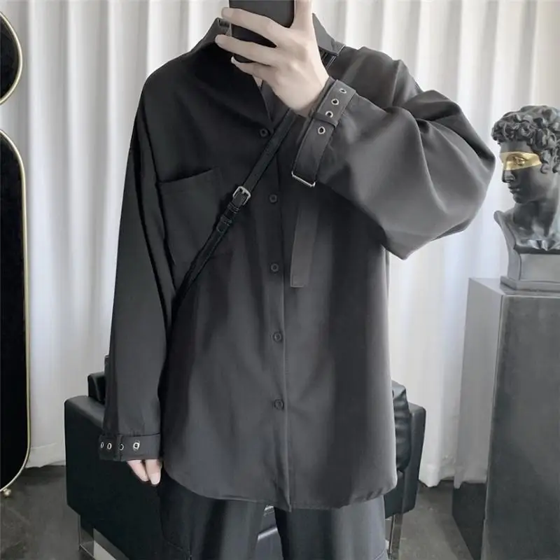 EOENKKY/Men Solid Shirts Long Sleeve 2022 Summer Casual Black Oversize Blouse Fashion Male Cardigan Vintage Korean Clothing