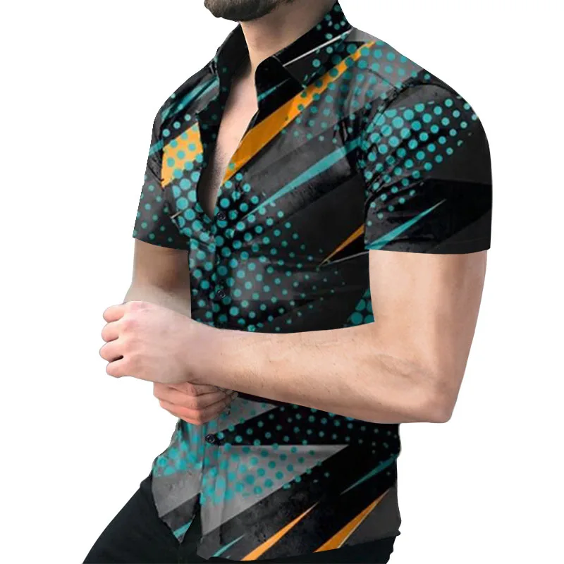 Summer Men's Slim Fit Chemise Geometric Print Shirts Men Turn-down Collar Buttoned Shirt Casual Short Sleeve Cardigan Streetwear