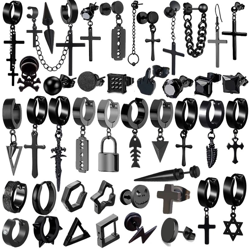 WKOUD 1 Pair 50 Different Types Shape Unisex Black Color Stainless Steel Piercing For Women Men Punk Gothic Barbell Earring