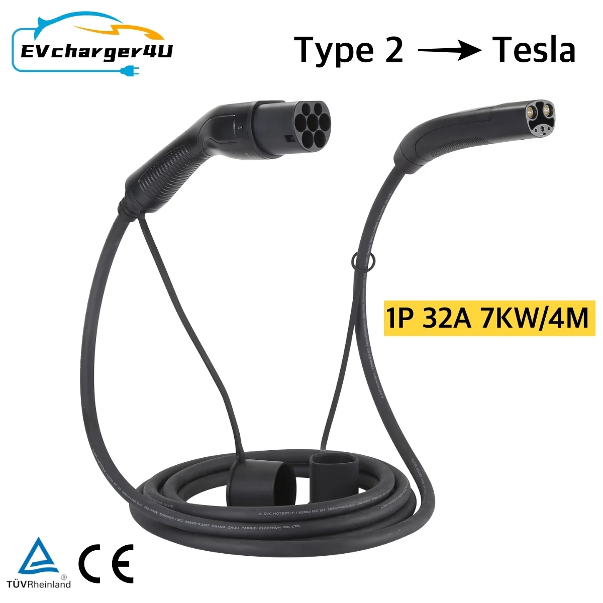 

EVcharger4U IEC62196-2 Type2 к кабелю зарядного устройства Tesla NACS EV 4M 1 фаза 32A 7KW для модели 3 Y X S производства в США на общественной зарядке переменного тока