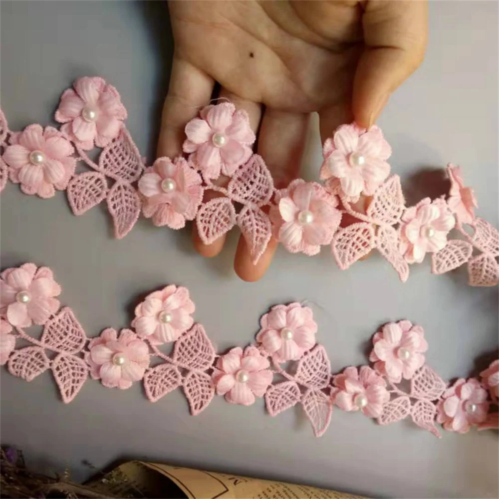 

2 Yard 6cm Pink Flower Embroidered Lace Trim Ribbon Applique DIY Sewing Craft Crochet Fabric Patchwork Sewing Supplies Craft