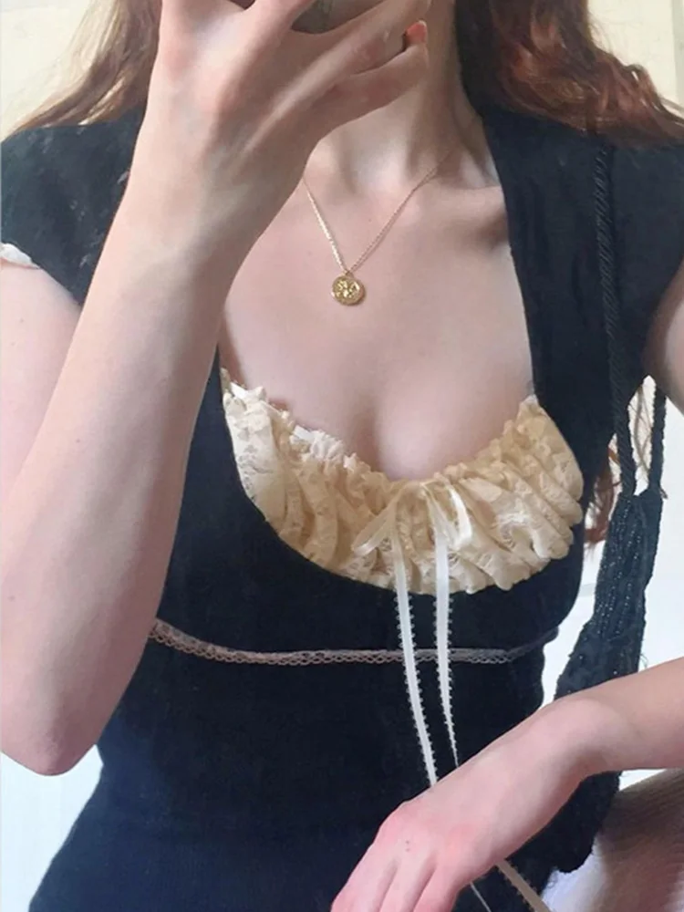Y2k Укороченный топ с кружевной отделкой и бантом милая футболка коротким рукавом