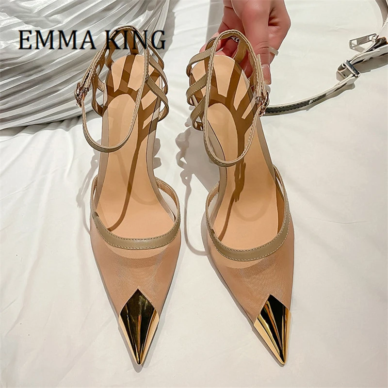 

Golden Metal Pointed Toe Women Pumps Fashion Female Stilettos Mesh Leather Pump Buckle Strap Wedding Shoes Ladies Sexy Sandalias