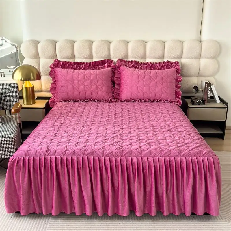2024 Winter Crystal Velvet Bed Skirt Bedspread Fitted Sheet Three-Piece Thickened Quilted Non-Slip Mattress Cov...