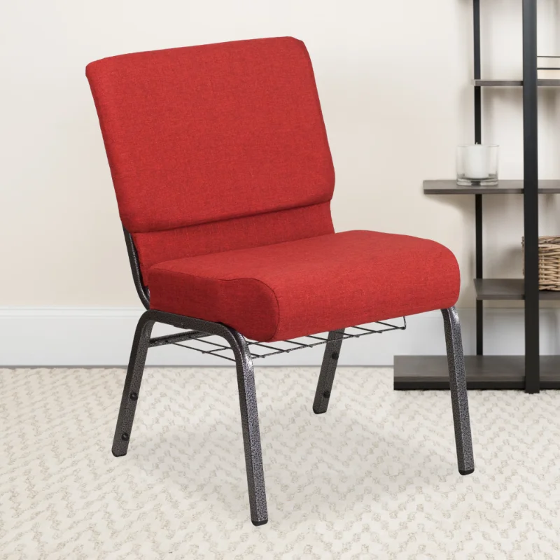 

HERCULES Series 21''W Church Chair in Crimson Fabric with Cup Book Rack - Silver Vein FrameDining Chairs Nordic Chair