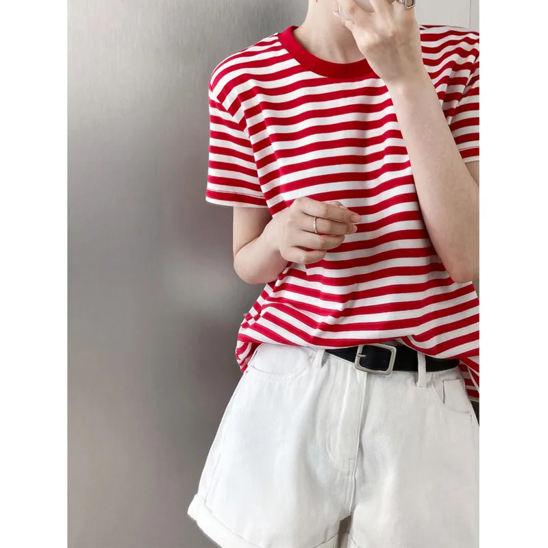 

Summer Stripe Short Sleeve Womens T-shirt Contrast Color Loose Round Neck Cotton Casual T-shirts Fashion Basic Bottomed Tops