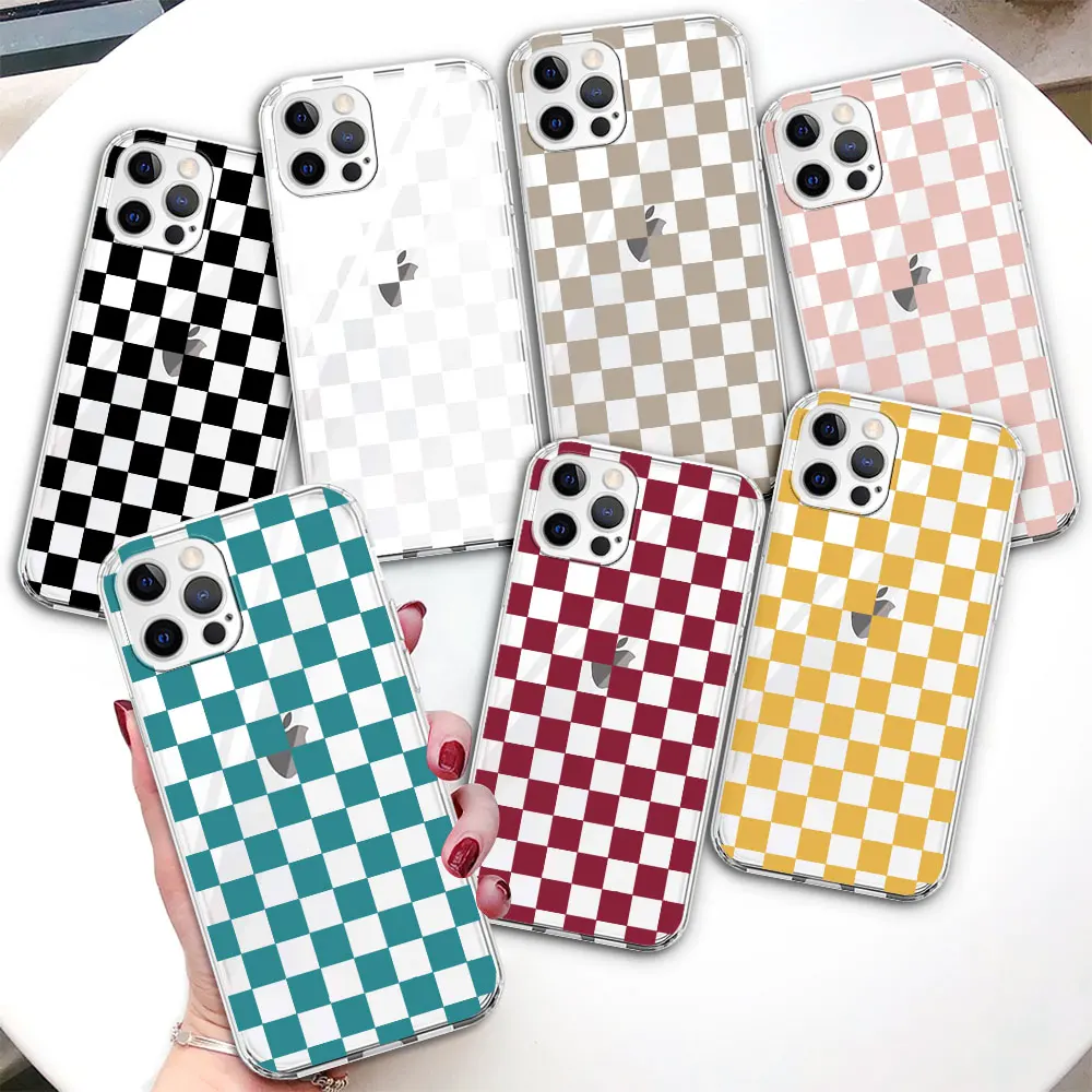

Прозрачный чехол для телефона iPhone 14 13 12 Mini 11 Pro Max XR XS 7 8X6 6s Plus, мягкий чехол из ТПУ в стиле ретро, Классическая шахматная доска, сетка