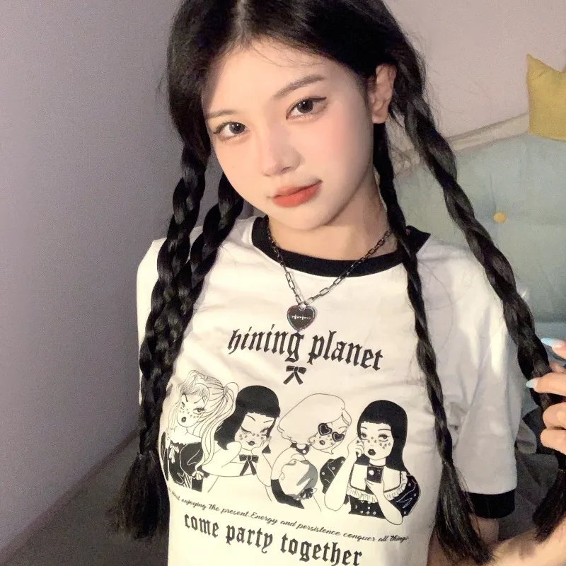 

Новинка 2022, женские футболки, модные футболки с графическим принтом для девушек в стиле Харадзюку, облегающие сексуальные топы с коротким р...