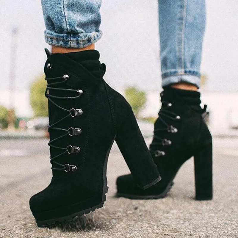 2022 Women Flock Rivet Ankle Boots Female Square High Heels Autumn Fashion Sexy Lace-Up Shoes Ladies Retro Footwear Plus Size 43