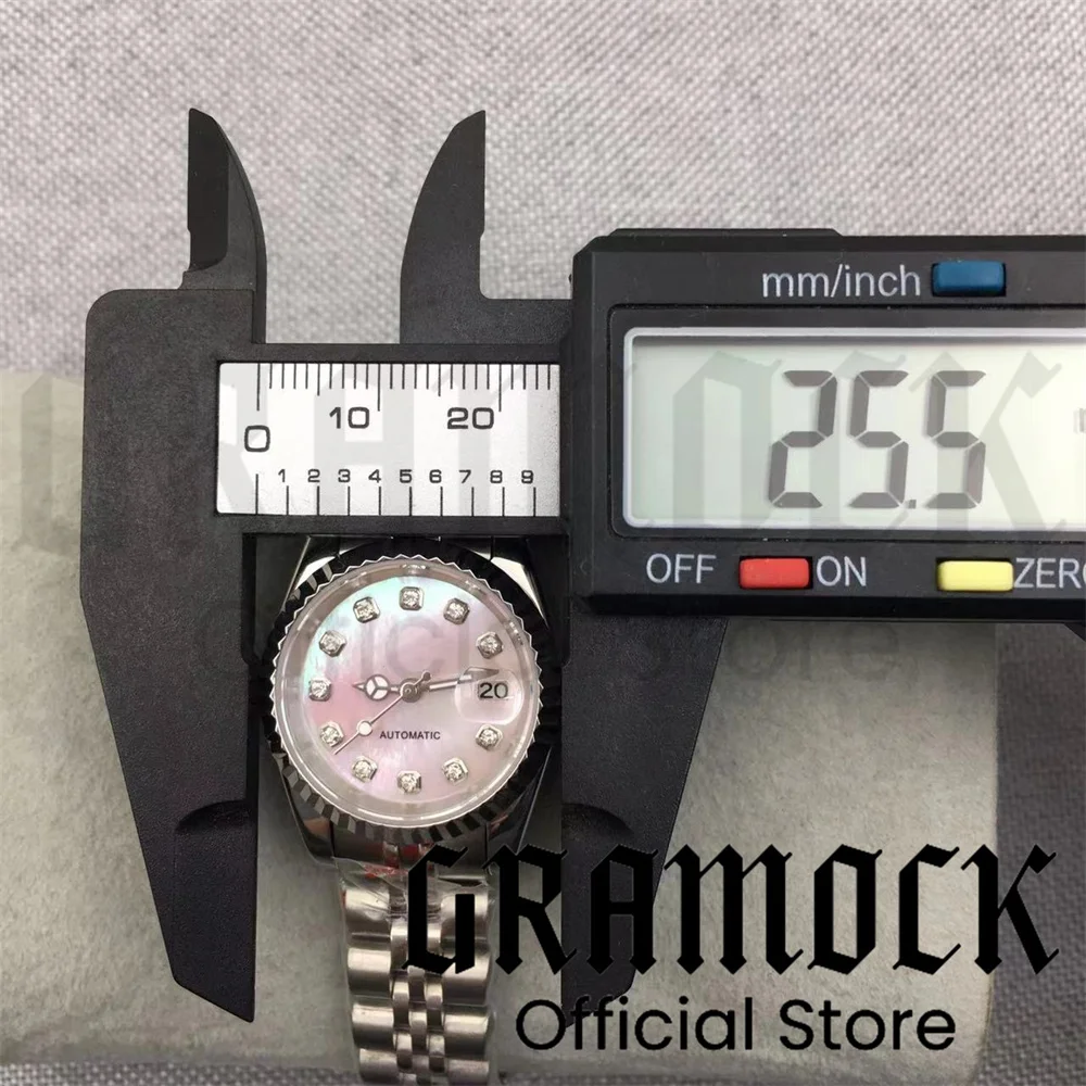 Фото Женские часы Gramock 26 мм, 3 точки, дата, бриллиант, розовый, жемчуг, NH05, автоматический механизм, серебро, сапфировое стекло №5