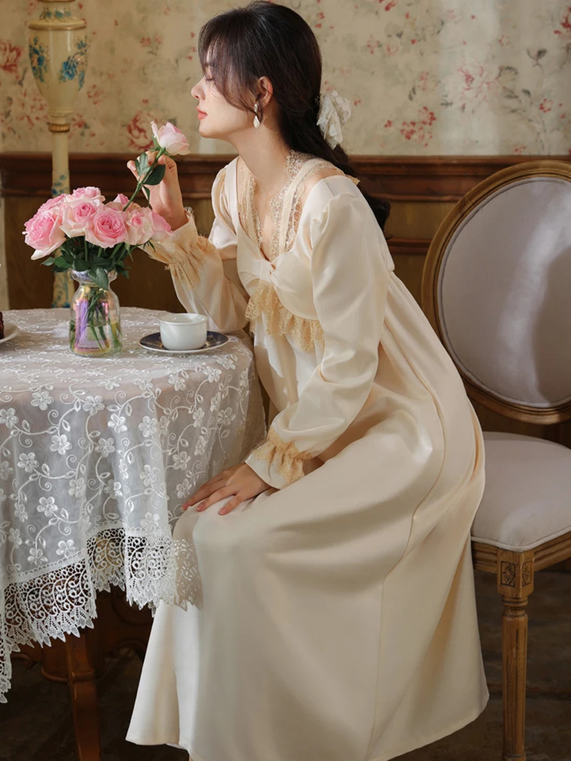 Long Sleeve Pajamas Women Female Spring Vintage Princess Lace V-Neck Ice Silk Nightdress with Chest Pads Home Clothes Sleepwear