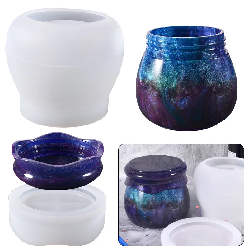 Diy Crystal Drip Pudding Jar Storage Bottle Silicone Resin Mold with Lid Candle Holder Box Mould Epoxy Casting Resin Mold
