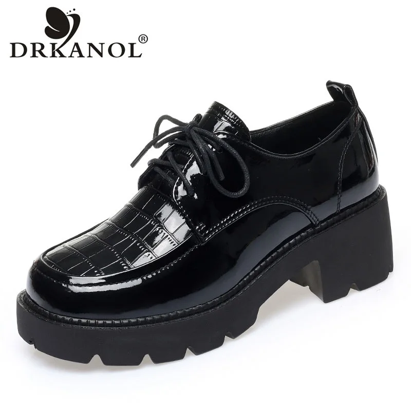 

DRKANOL Fashion Black Patent Leather Platform Shoes For Women Lace-up Round Toe Thick Heel All-match Casual Shoes Big Size 35-41