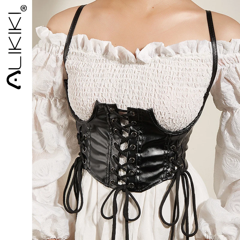 

Ladies Bustier Crop Tops Faux Leather Underbust Waist Corset Lace Up Straps Body Shapewear Slimming Decorative Corset Women