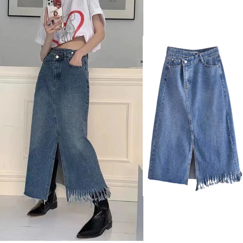 

Za 2022 New Women Irregular Denim Skirt Spring Summer Fashion Trend All-Match High Waist Front Slit Skirts