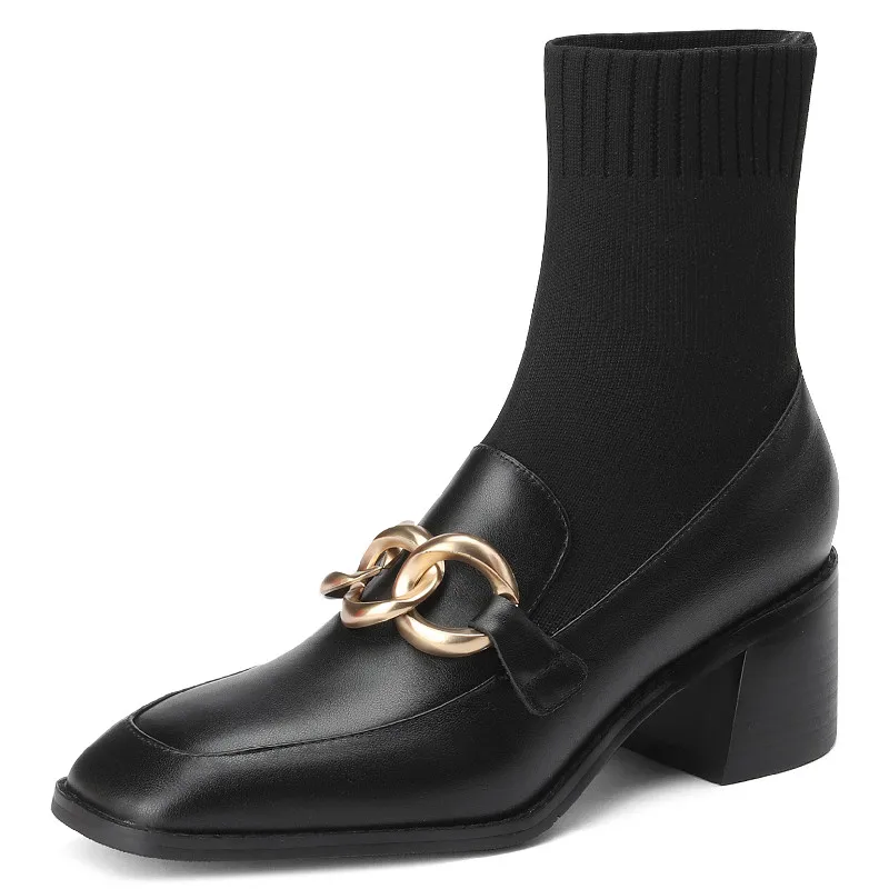 

Dilalula Vintage Mature Women Ankle Boots New Chain Splicing Genuine Leather Thick Heels Shoes Woman Autumn Winter Office Ladies