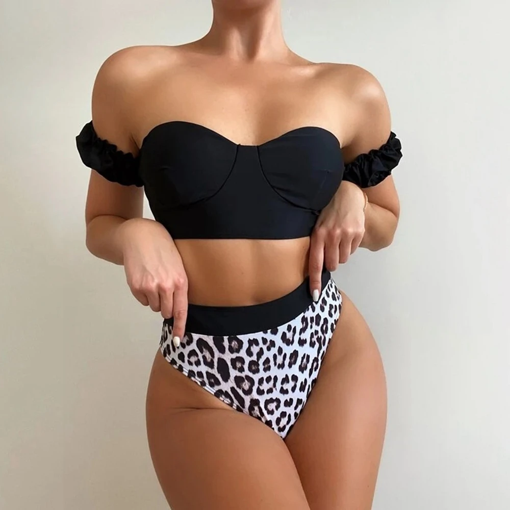 

Купальник с завышенной талией, пикантный комплект бикини с чашками пуш-ап, жилет с открытыми плечами, Леопардовый купальный костюм, пляжная ...