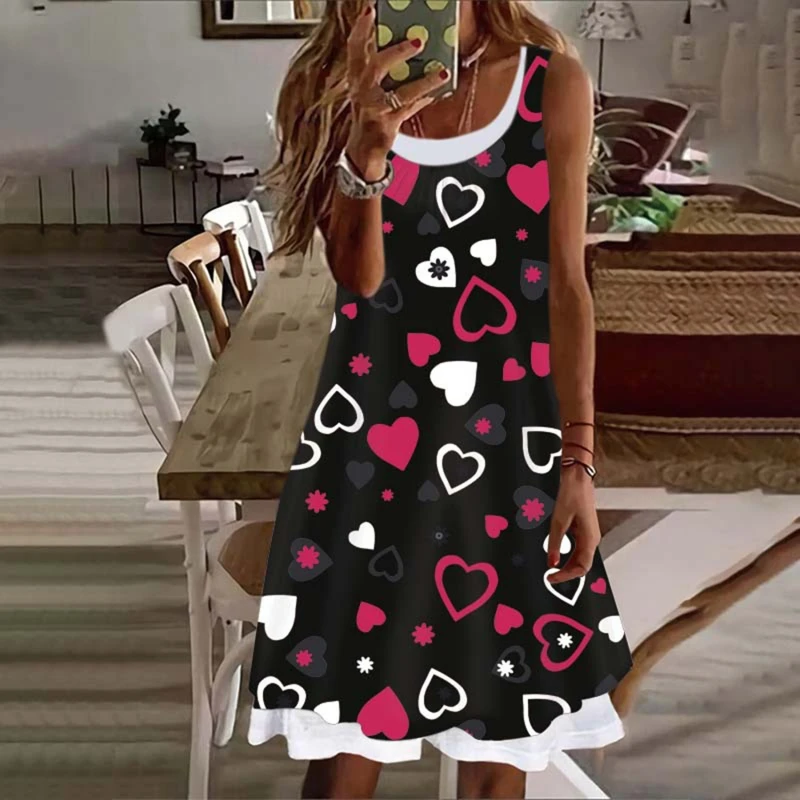 

Casual Women Dress New Loose Vintage Cute Lady Dress Summer Printed Party Beach Dresses heart print sleeveless Female Dresses