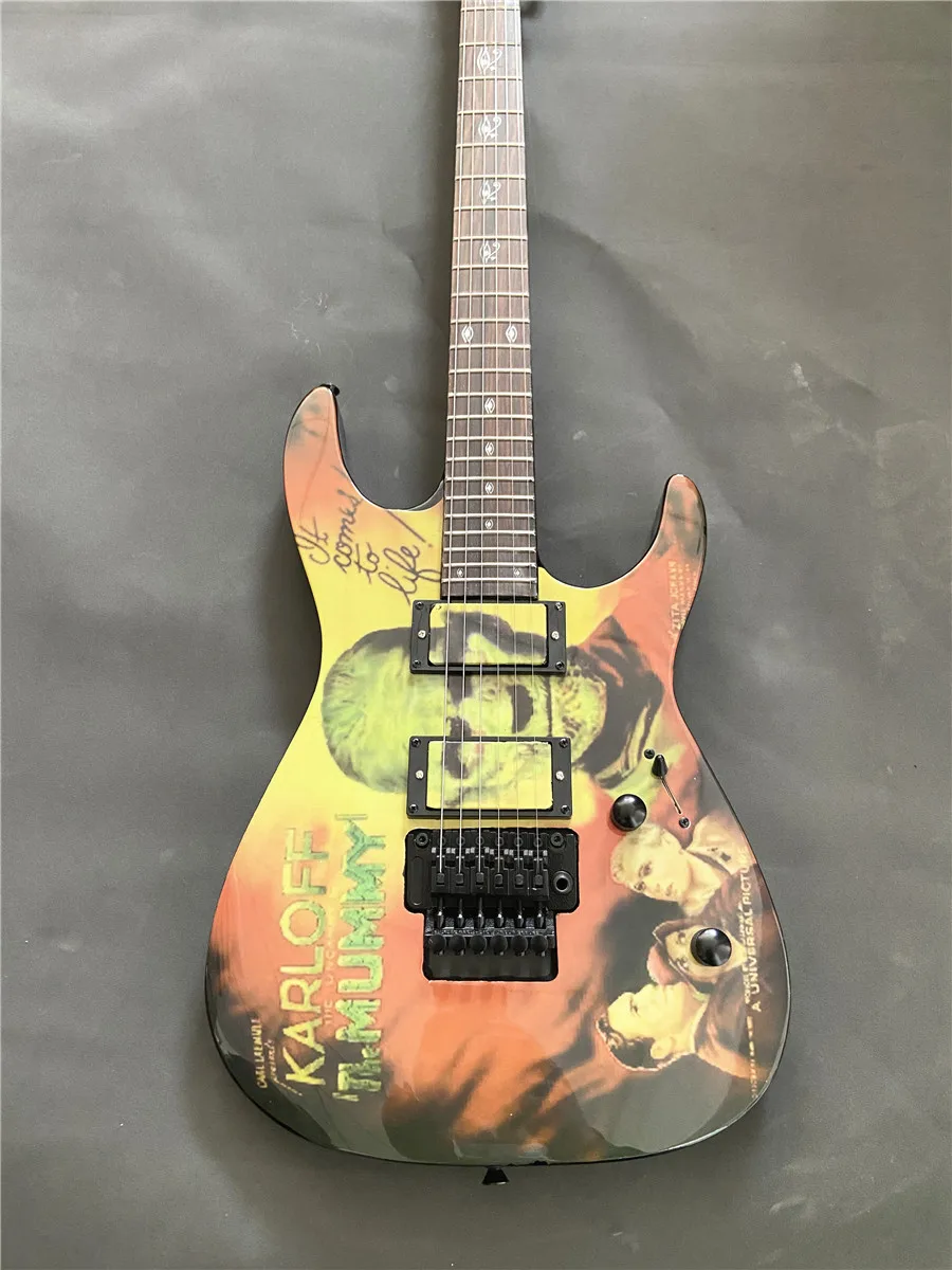 

Высокое качество, пользовательская версия, окрашенная фотоэлектрическая гитара, черные аксессуары, роза, деревянный фингерборд