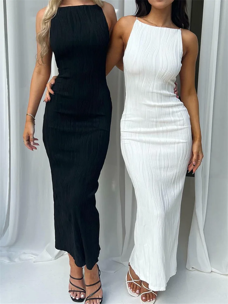 

Женское пикантное длинное платье, облегающее однотонное праздничное платье без рукавов с рюшами и разрезом сзади, Клубная одежда, женские наряды, 2023