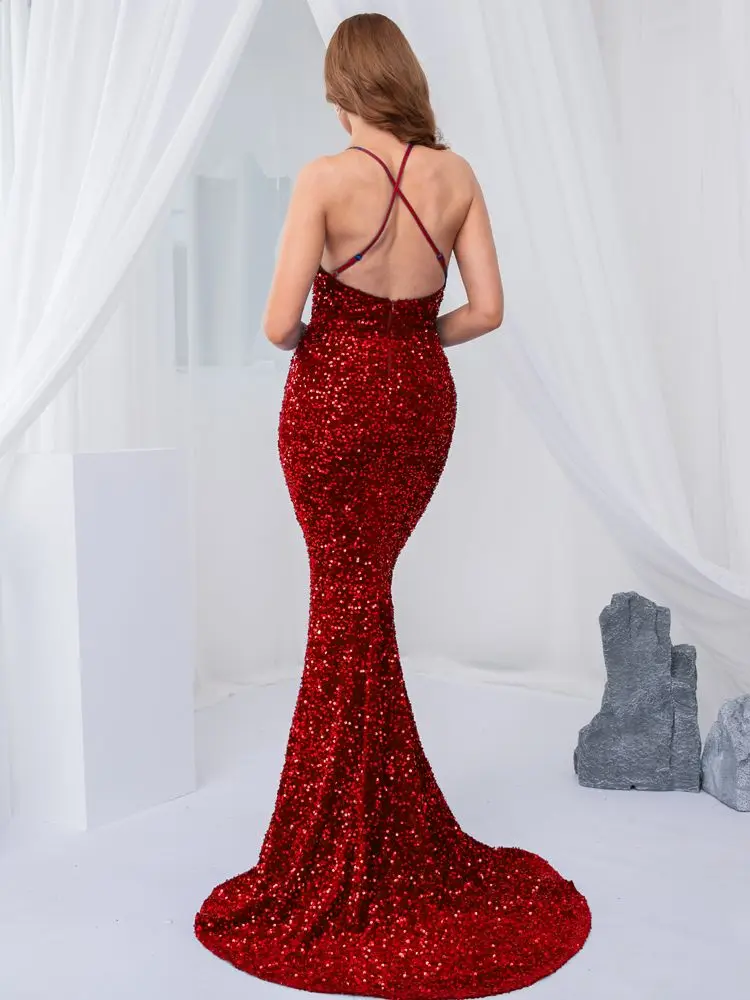 Женское платье макси с открытой спиной и перекрестными лямками эластичное