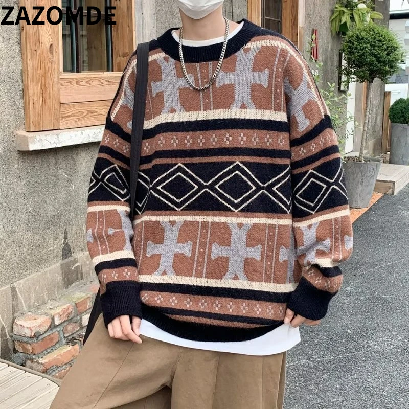 

Свитер ZAZOMDE, пуловеры, мужские полосатые дизайнерские винтажные модные популярные мягкие свободные универсальные студенческие повседневные Простые вязаные свитера для мужчин