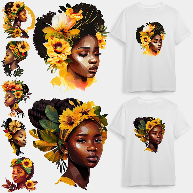 

Sunflower Ironing Applications For Clothing Black Pretty Girl Women T-shirt Hoodie Patch DIY Bag Washable Anti-Fall