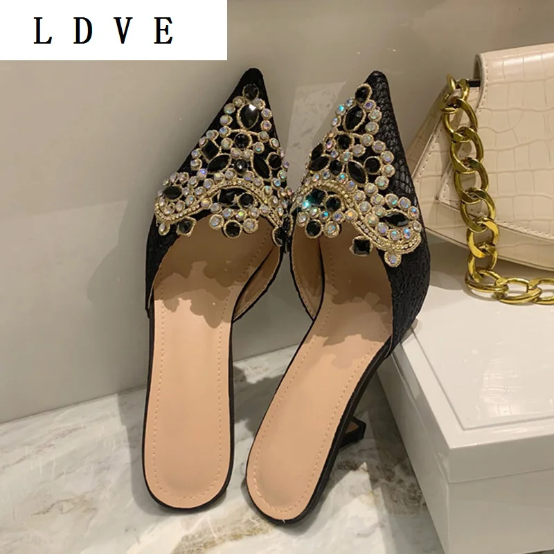 

NEW 2022 Summer Fashion Bling Crystal Decoration Pointed Toe Thin High Heel Slipper Lace Elegant Women Party Mules 35-39