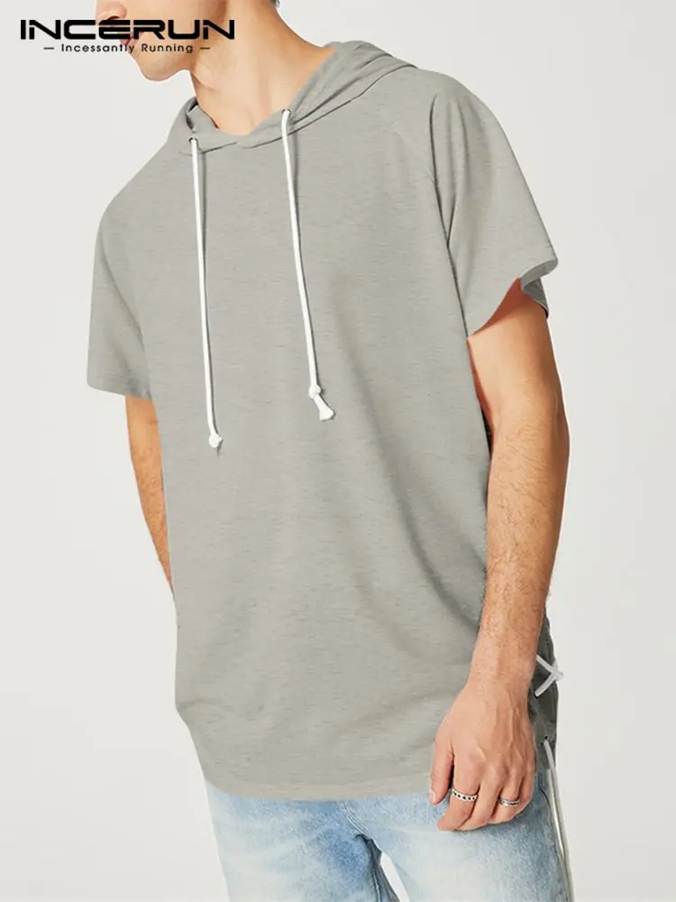

INCERUN Men T Shirt Hooded Short Sleeve Solid Color Loose Summer Casual Men Clothing 2022 Streetwear Workout Leisure Camisetas