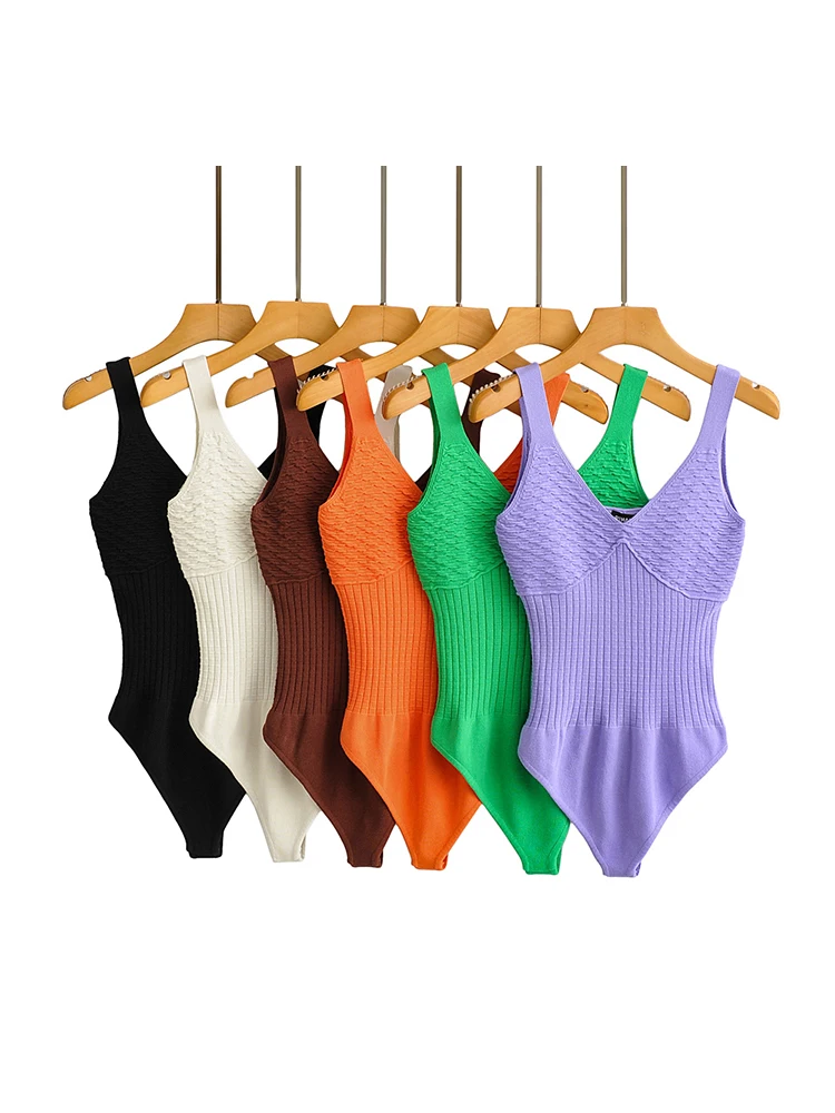 

Women Knitted Elastic Slim V-neck Tank Bodysuits Summer Sleeveless Backless 6 Colors Bodysuit 2022