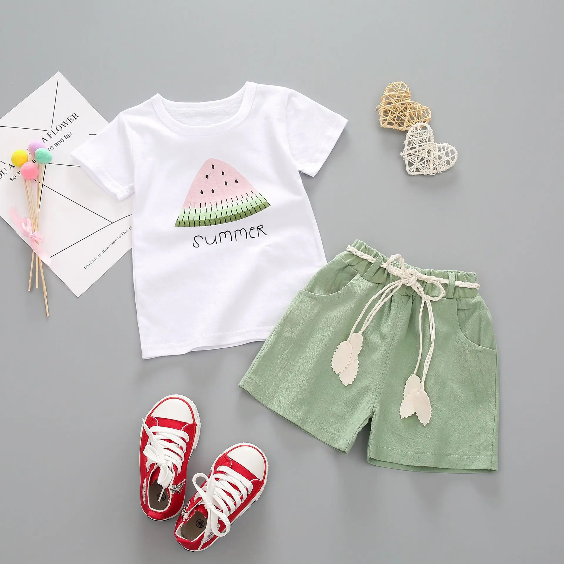 

Hot Sale Toddle Girl's Summer Cute Cartoon Watermelon Casual Outfits Baby's INS Outdoor Cotton Top+Breathable Shorts 2Pcs Sets