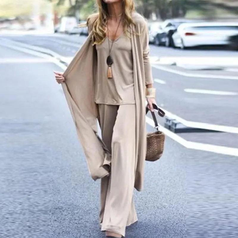 

Elegant Office Lady Three Piece Set Women's Vintage V Neck Vest Tops Cardigan Long Pants Suit Patchwork Outfits Female Autumn