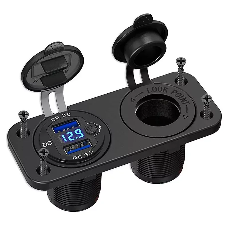

Cigarette Lighter Socket Outlet Waterproof with Quick Charge 3.0 Dual USB Power Outlet LED Voltmeter for Car RV Marine