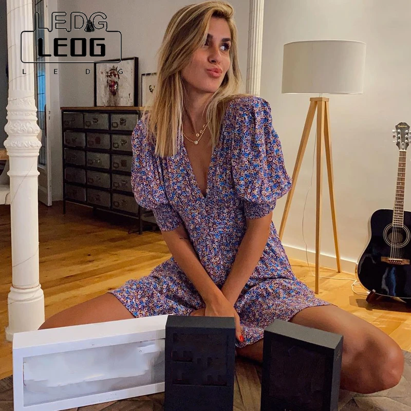 

LEDP Women's Dress Puff Sleeve Floral Print Purple Short Summer Dress Women V Neck Button A-Line Beach Vintage Boho Women