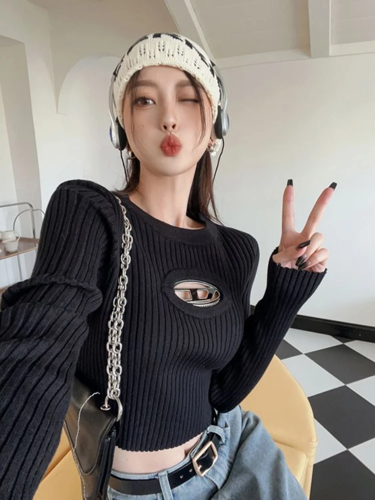 

Корейский Модный укороченный свитер Deeptown, Женский винтажный сексуальный облегающий пуловер в стиле хип-хоп, повседневный шикарный трикотажный топ Y2K, гранж