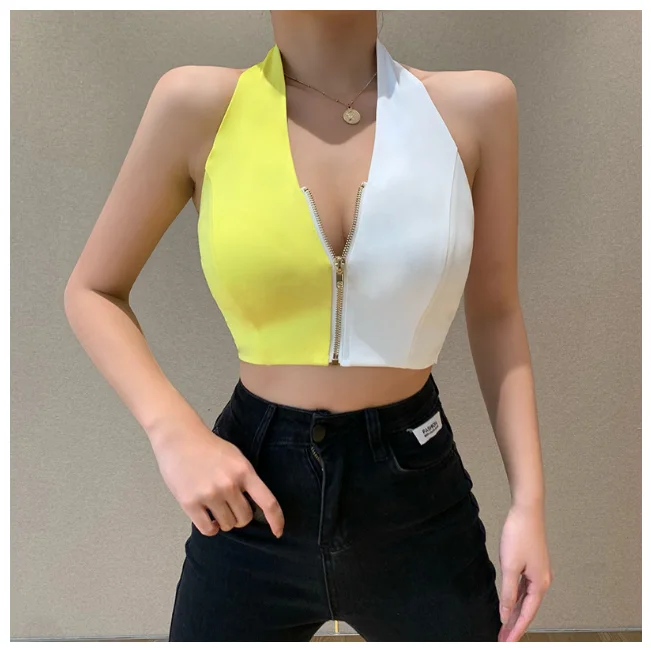 

Contrasting Color Halter Sexy Backless Tank Tops Zipper Stitching Skinny Top Vest Streetwear V-Neck Sleeveless Crop Tops Female