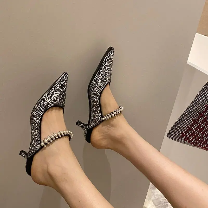 Spring/Summer 2023 Pointed Rhinestone Pearl Half Slippers High-Heeled Outdoor Toe Cap Mules Shoes Heel-Free Lazy Sandals Women
