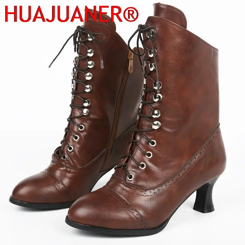 

Women Mid-calf Boots Chaussure Booties Vintage PU Leather Mid Heels Pumps Gladiator Lace Up Shoes Woman Zapatos Mujer Sapato