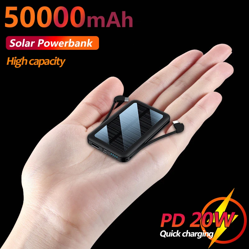 

50000mAh Mini Portable Solar Mobile Power Bank Fast Charging External Battery Comes with 2 Charging Cables LED Lighting