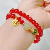 natural red jade double circle bracelet with hetian jades enamel gold lucky charms southern red agate diy bracelets women bangle