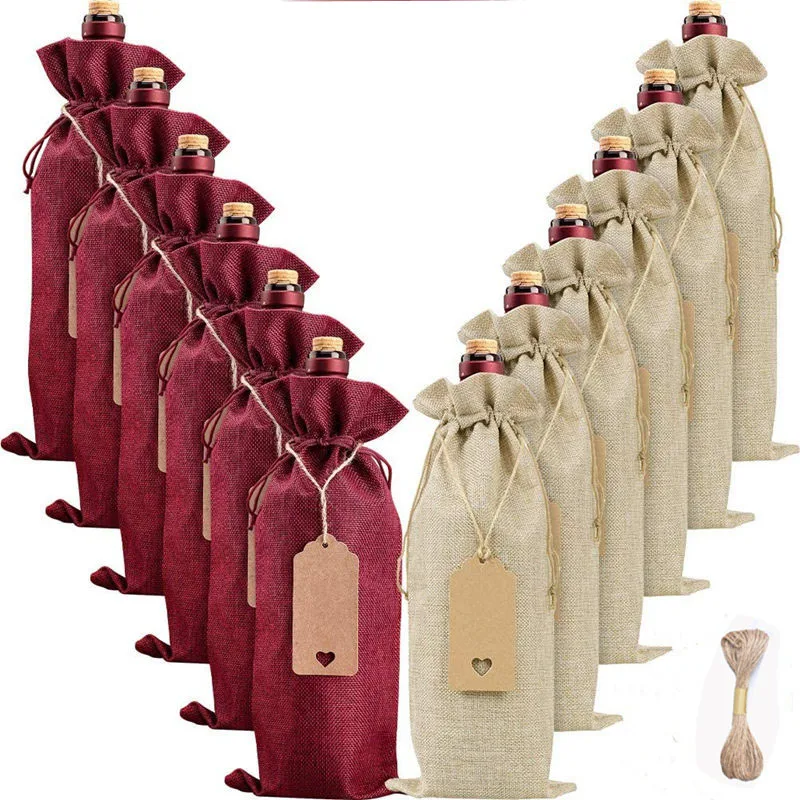 

24/50Pcs Burlap Wine Bottle Gift Bags With Drawstrings Tag & Rope Reusable Wine Bottle Covers for Christmas Wedding Travel Party