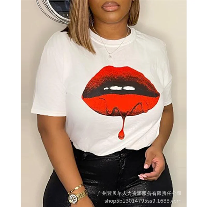 

Женский элегантный комплект из двух предметов, футболка с принтом губ и простые облегающие брюки с высокой талией, женский спортивный костюм, уличная одежда