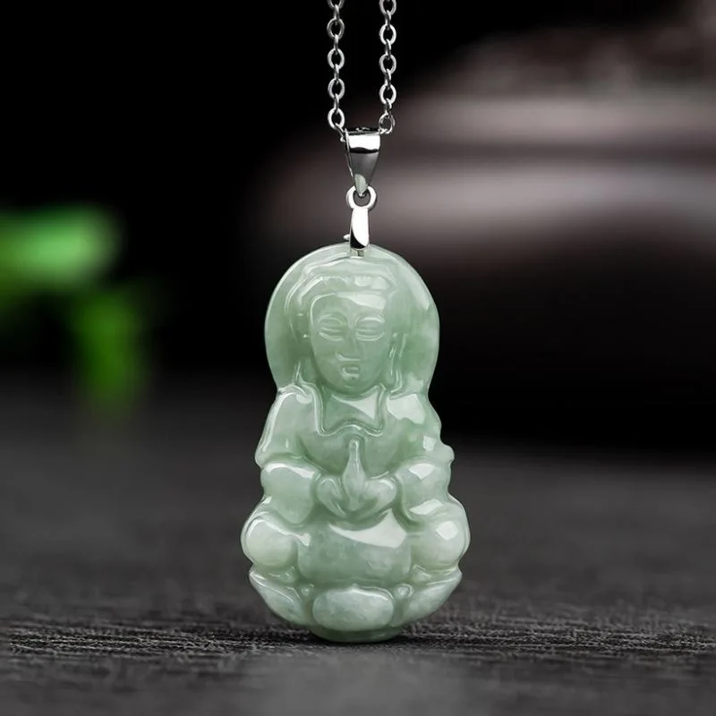 

Natural Emerald Guanyin Buddha Pendant Necklace Charm Jewellery Fashion Hand-Carved Man Woman Luck Gifts Amulet New