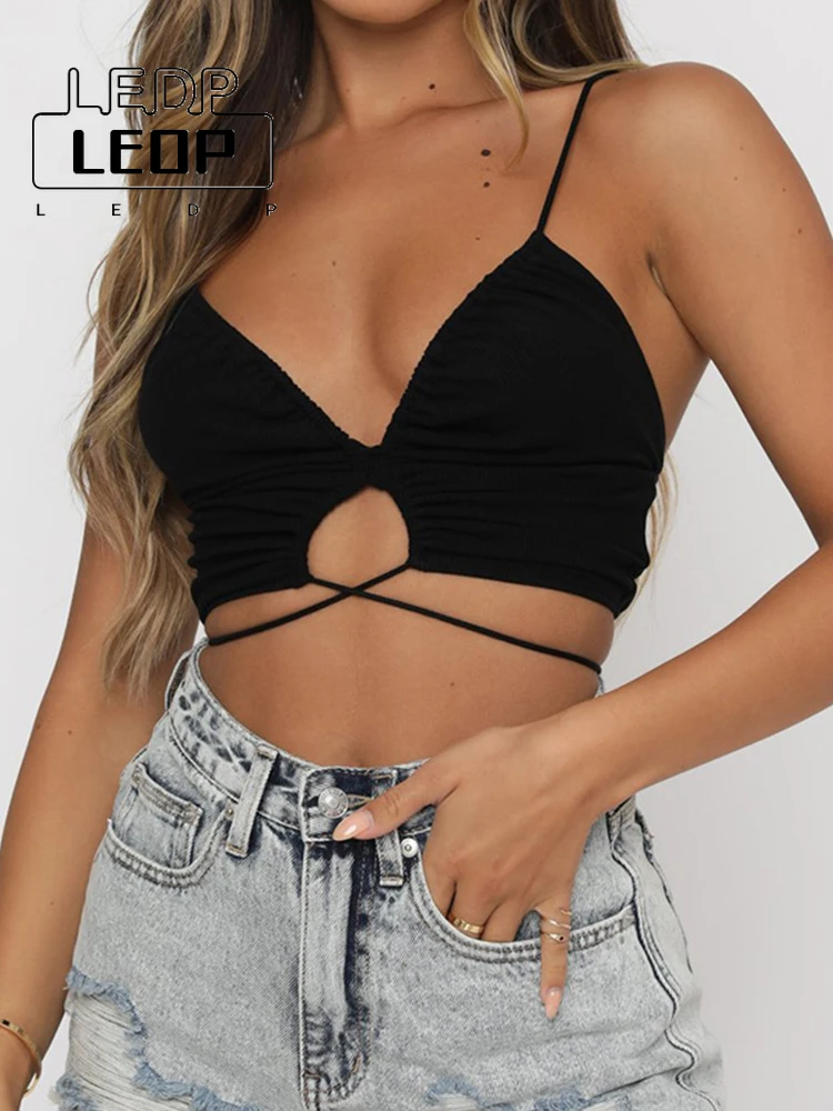 LEDP Sexy Suspender Women's Ruched Deep V Neck Crop Top Chic Solid Color Backless Cross Lace Up Corset Summer New Tank Top Women