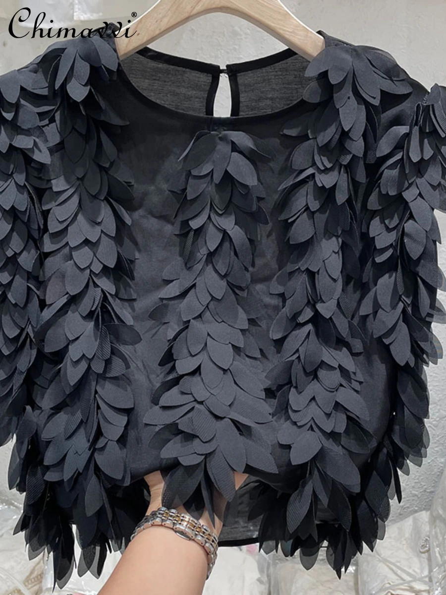 

European Goods Layer Petal Stitching Shirt Women's 2023 Summer New Fashion Round Neck Sleeveless Top Elegant Office Lady Blouse