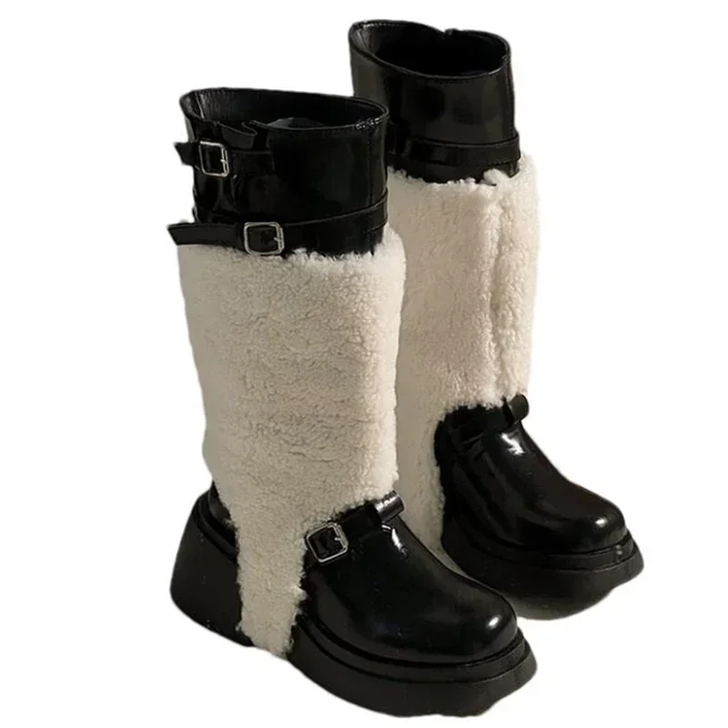 Меховые высокие сапоги на платформе женские дизайнерские новые среднем каблуке