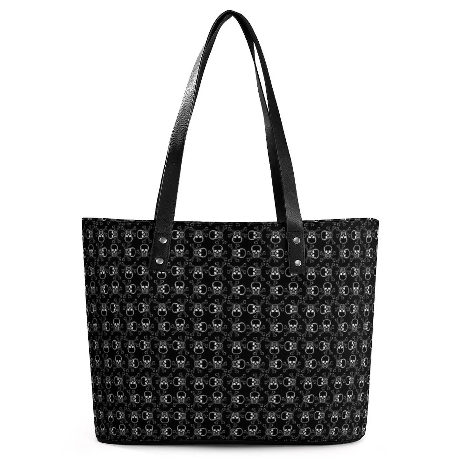 

White Skulls Handbags Crossbones Graphic Pattern PU Leather Shoulder Bag Lady College Print Tote Bag Pocket Casual Shopper Bags
