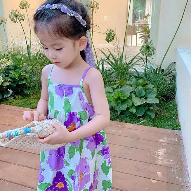 

2022 Summer New Fashion Girls Sling Dress Fashion Children Sleeveless Princess Children Floral Dress Boutique Kids Clothing